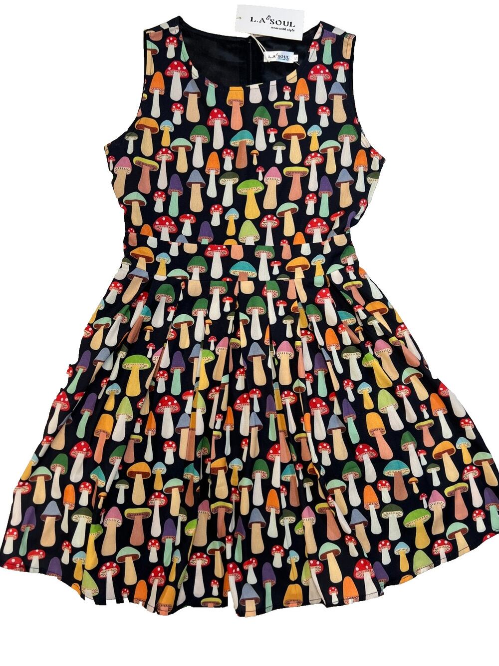L.A. Soul Mushroom Print Fit & Flare Dress Whimsical Cottagecore Pockets, Sz S
